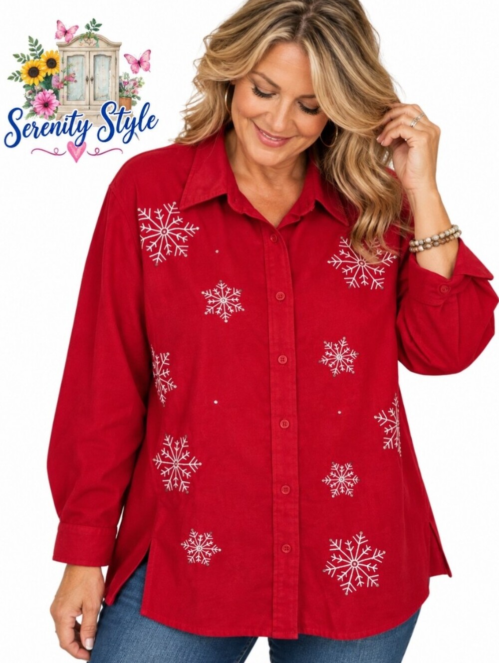 Holiday Traditions Women’s 1X Red Snowflake Embroidered Button Down Shirt